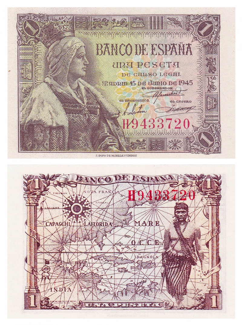 1945年發行的西班牙1比塞塔，正面為伊莎貝拉女王，背面為加勒比海地圖以及美洲原住民
