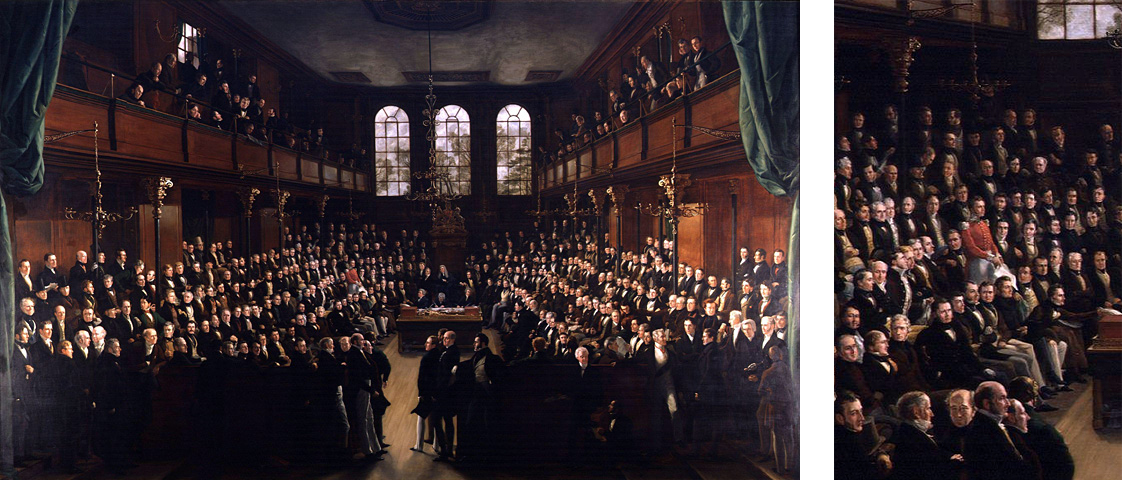 喬治・海特1833年作品《下議院》，以及紅衣男子特寫