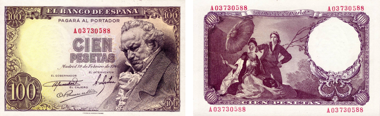 1946年，西班牙發行的100比塞塔，正面為哥雅肖像（左），反面為畫作《陽傘》（右）