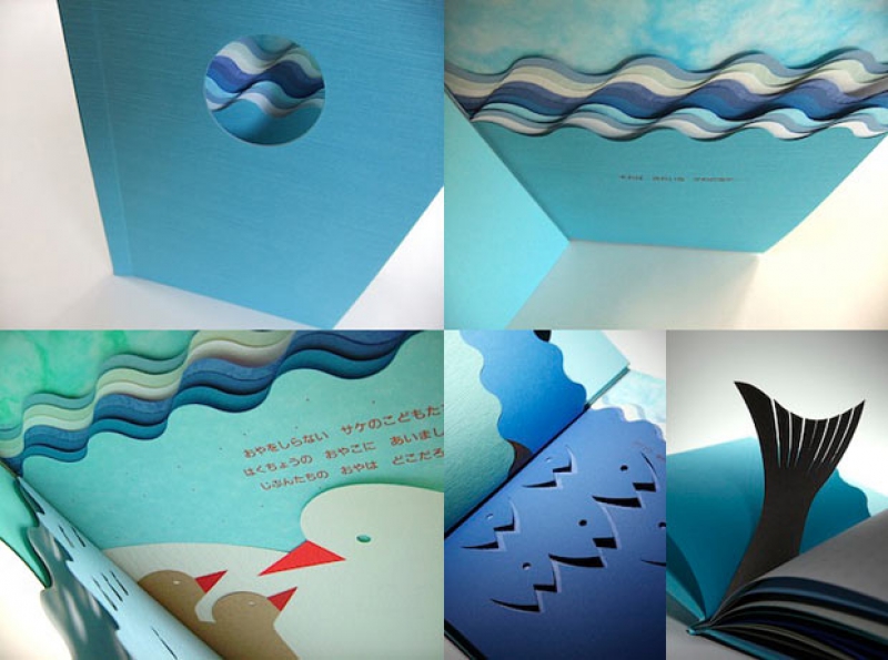《Blue to Blue》用了多種不同材質的藍色紙張，精巧地將青蛙、天鵝、魚、鯨魚等動物分別以不同造型在頁面上軋型切割