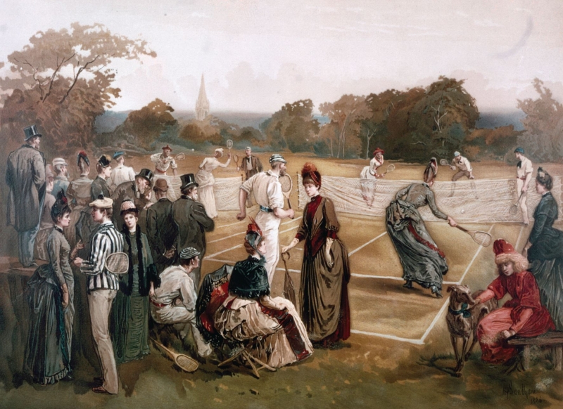 草地網球，亨利‧桑達姆（Henry Sandham）繪於一八七七年，顯示美國網球早期樣貌。