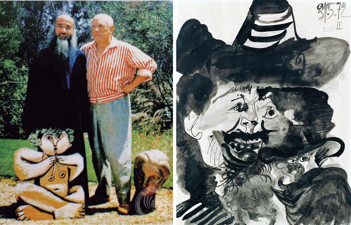 （左）畢卡索與張大千合影／（右）畢卡索作品〈戴帽子男人的半身〉