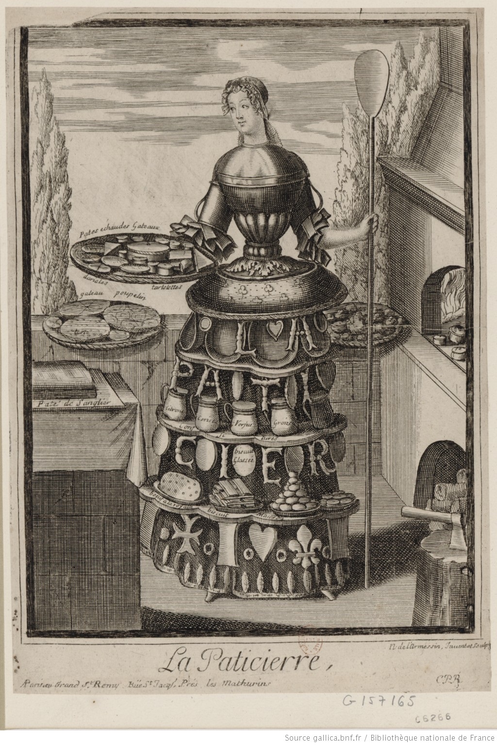 不論在古今中外，甜食似乎一直與女性形象緊密連結 。不過女性一般被限制在家庭中準備甜點，專業的女甜點師直到現代才多了起來。圖中是17世紀末由版畫師Nicolas de L’Armessin繪製的「女糕餅
