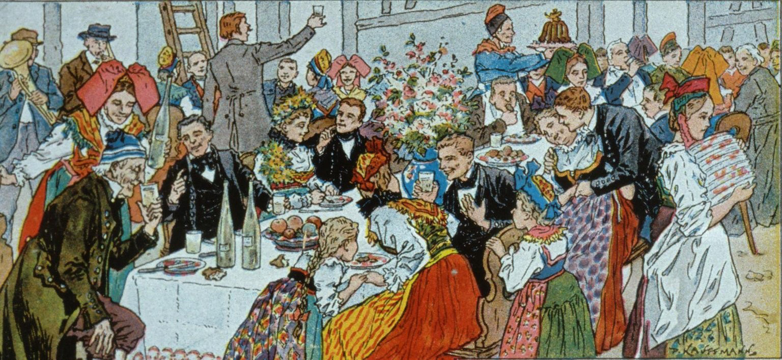 20世紀初法國亞爾薩斯地區的婚禮宴席，觥籌交錯中自然也不能少了甜點。（圖片來源／Gallica）