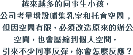 越來越多的同事生小孩，公司考量增設哺集乳室和托育空間，但因空間有限，必須改造原來的辦公空間，也會壓縮到個人空間，引來不少同事反彈，你會怎麼反應？