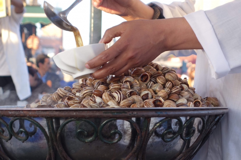 廣場上有各式各樣的摩洛哥小吃，最具代表性的就是蝸牛。