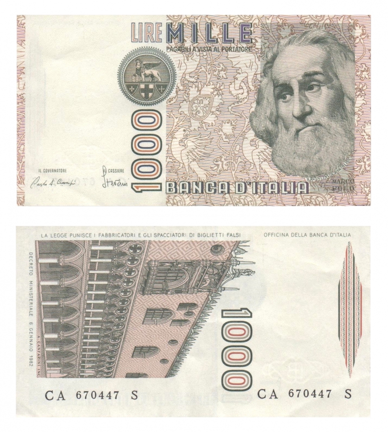 1982年發行的1000里拉，以馬可‧波羅肖像以及威尼斯總督府為主視覺