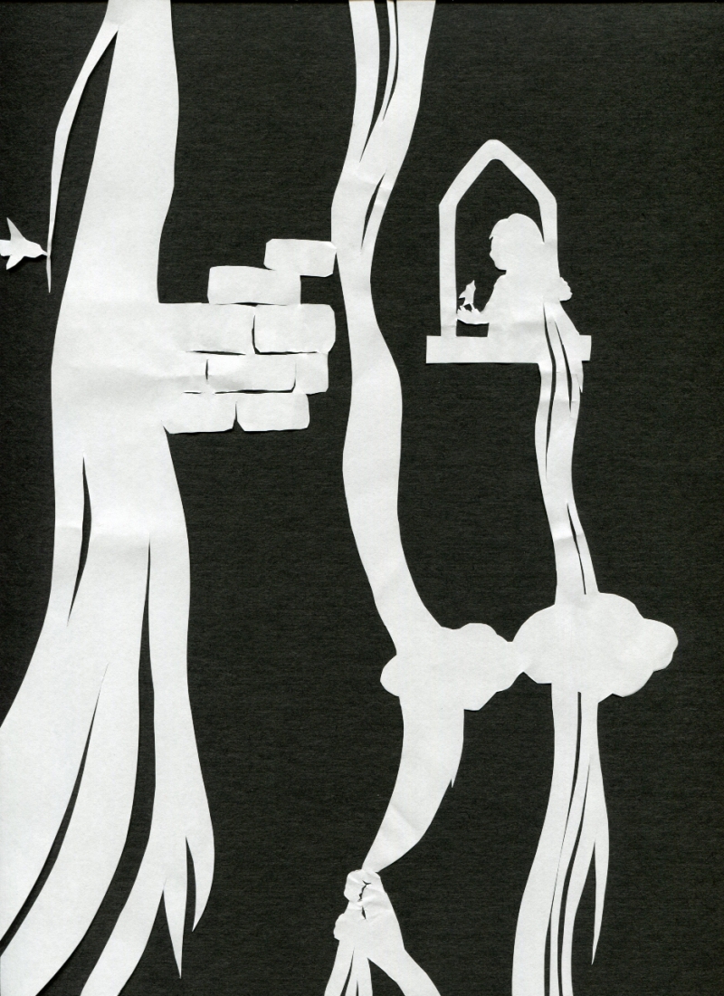 〈萵苣姑娘〉呈現高塔上的女孩與正攀緣而上的巫婆或王子，使時間和空間交織在一起（圖／漫遊者提供）