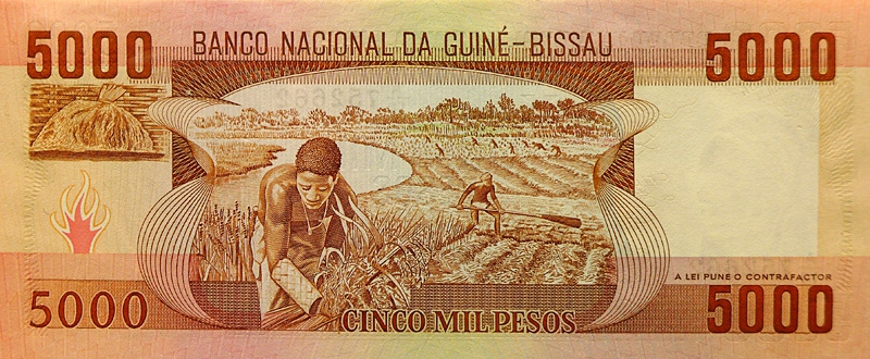1975年發行的幾內亞比索5000披索，以早期農耕樣貌為設計主題