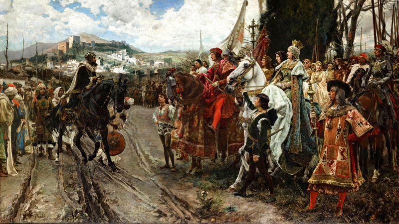 西班牙畫家布拉迪亞（Francisco Pradilla）畫作《格拉納達投降》（La rendición de Granada, 1882）