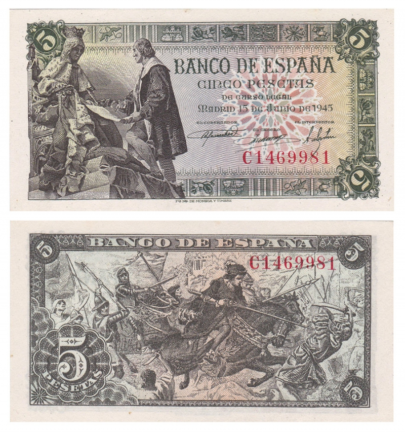1945年發行的西班牙5比塞塔，正面描繪聖塔菲協議，背面描繪斐迪南二世收復格拉納達