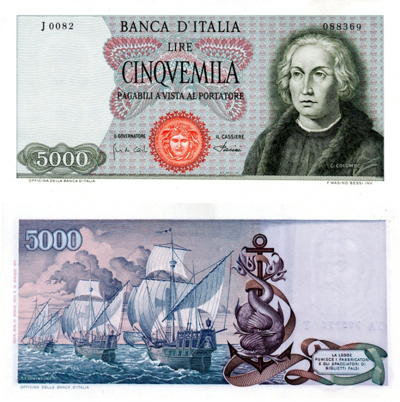 1971年發行的義大利5000里拉，正面頭像為哥倫布，背面描繪三艘首航艦隊