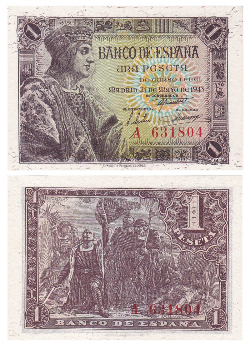 1943年發行的1比塞塔，正面為斐迪南二世，背面描繪哥倫布登上新大陸