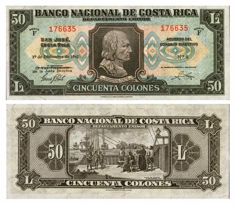 1942年發行的哥斯大黎加50科朗，正面頭像為哥倫布，背面描繪1502年哥倫布抵達位於今日哥國境內的卡里亞里（Cariari）