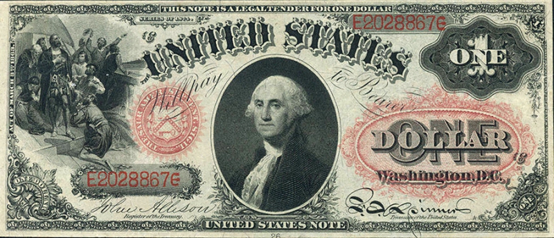 1874年發行的1美元，正面頭像為華盛頓，左側描繪哥倫布發現新大陸