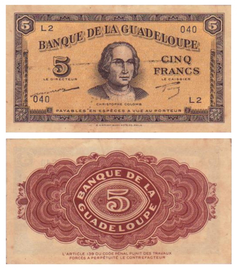1942年發行的瓜德羅普5法郎