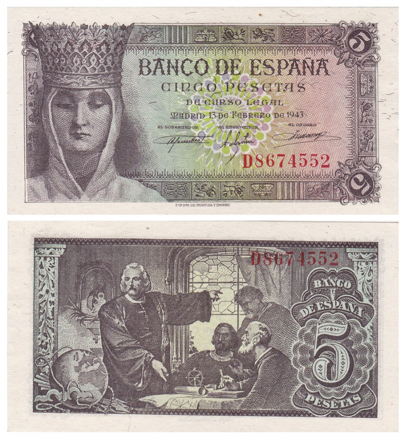 1943年發行的西班牙5比塞塔，正面為伊莎貝拉女王，背面描繪在拉比達修道院裡討論航海大計的哥倫布