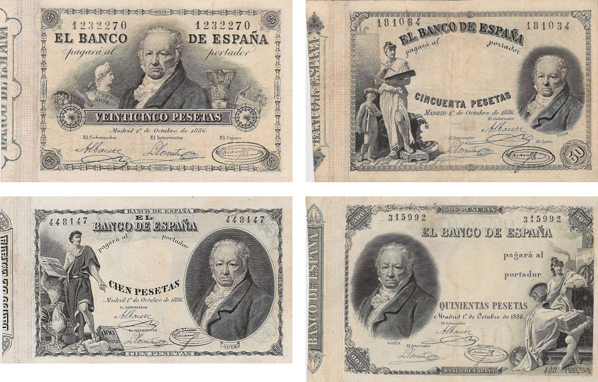 1886年，西班牙波旁王朝發行的25、50、100、500比塞塔，皆以哥雅作為肖像人物