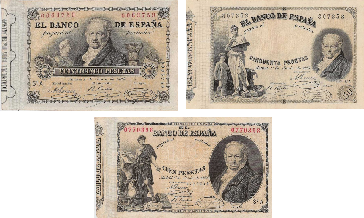 1889年，西班牙波旁王朝發行的25、50、100比塞塔，依舊以哥雅作為肖像人物