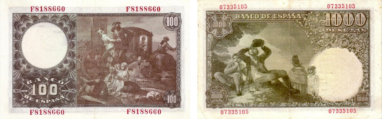 1949年發行的100、1000比塞塔，反面以畫作《陶販》（左）以及《飲酒》（右）做為主題
