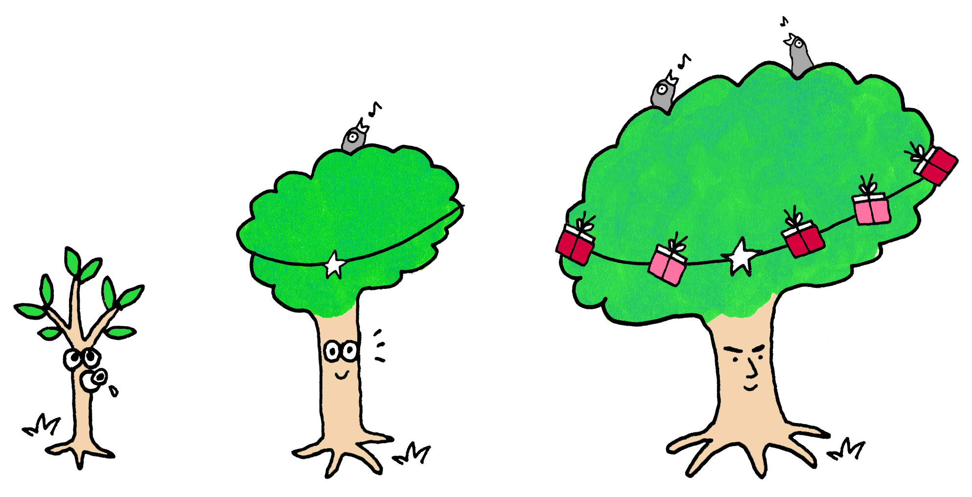 beat為許願森林活動繪製的三棵許願樹，呈現出從嬰兒到壯年的樣貌（圖/beat）