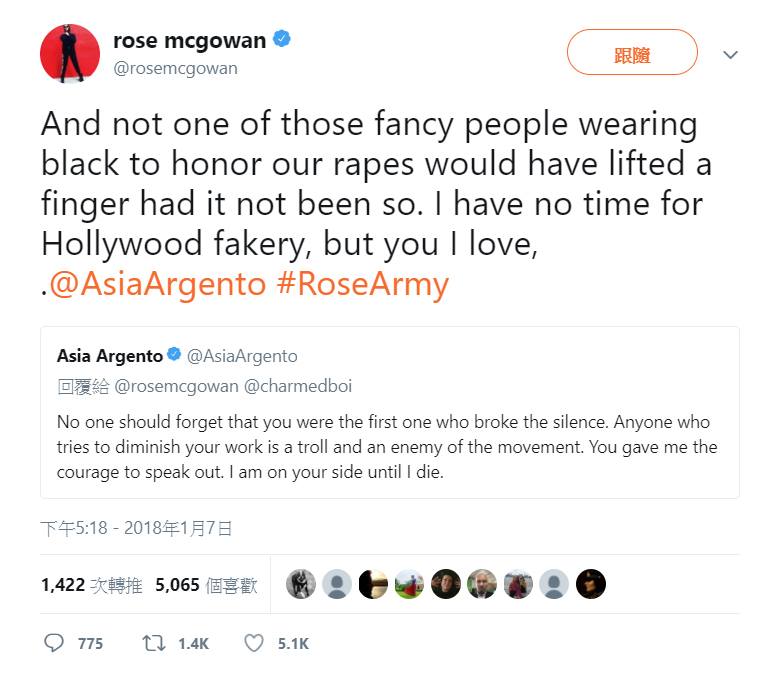 蘿絲．麥高文於推特上發文批評金球獎的黑衣活動矯情。（圖片來源/twitter）
