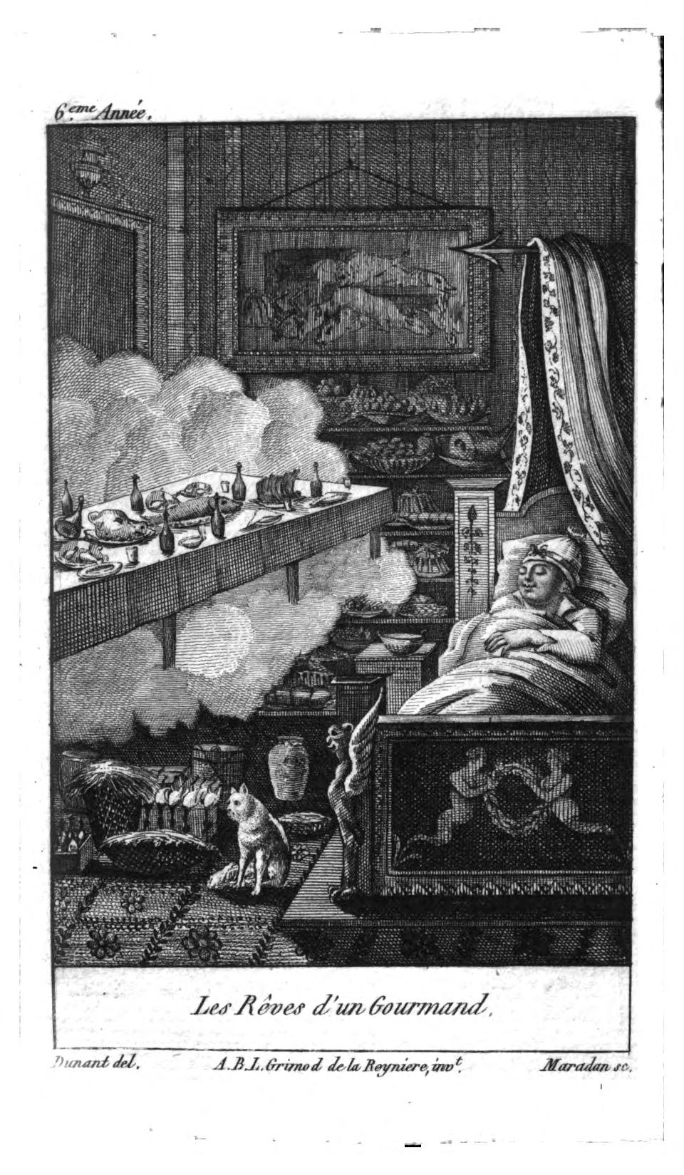 《Almanach des Gourmands》第六期的卷首插圖，由和作者經常共餐的好友Dunant所繪，題為「Les Rêves d’un Gourmand」（「老饕之夢」）。