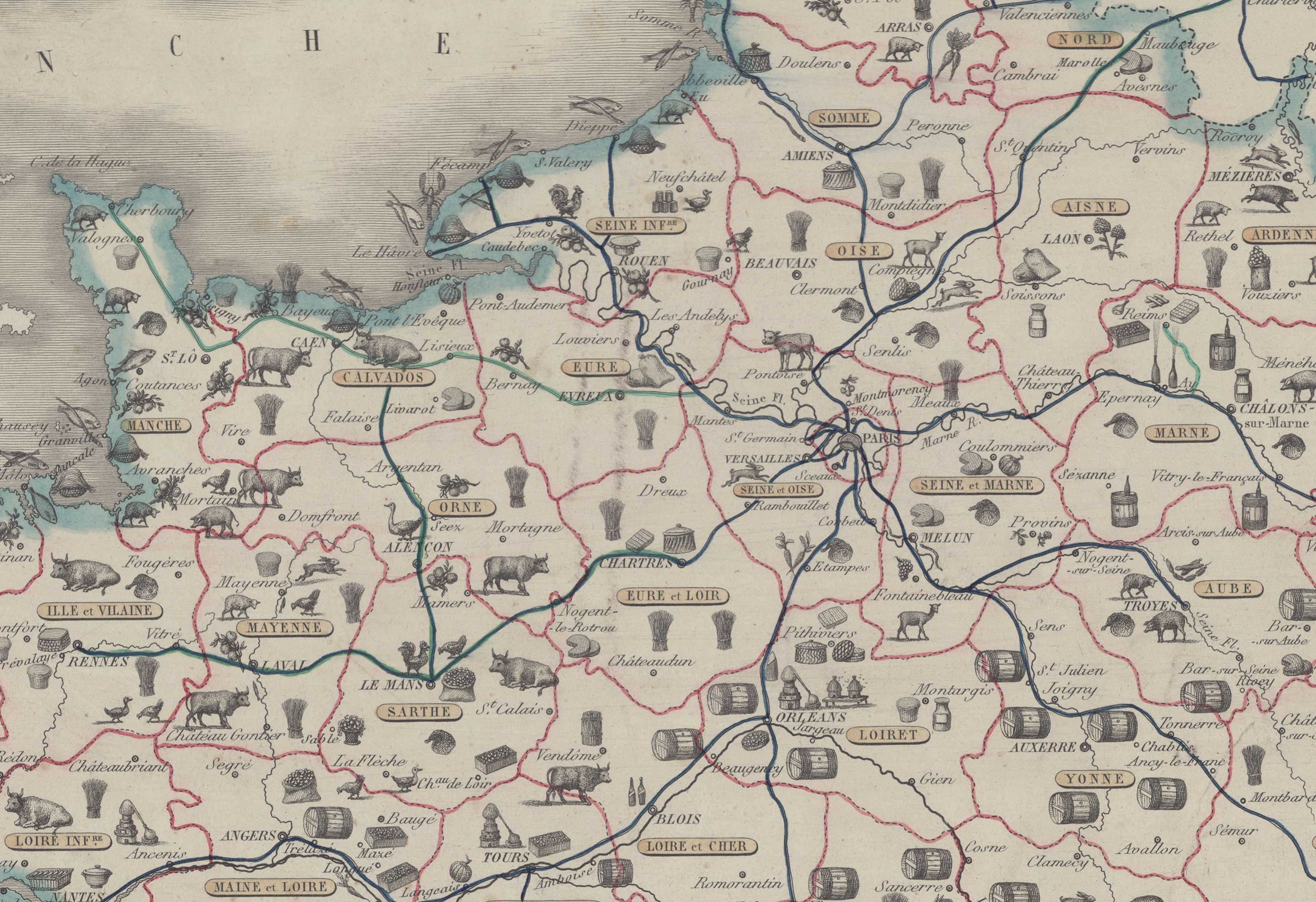 1852年的法國美食地圖，圖中紅色線條為省界、藍綠色線條則是火車行駛路線。此時法國已有初步的鐵路網，巴黎也是鐵路交通的中心。完整地圖請點圖片來源。（圖片來源：Gallica|BnF）
