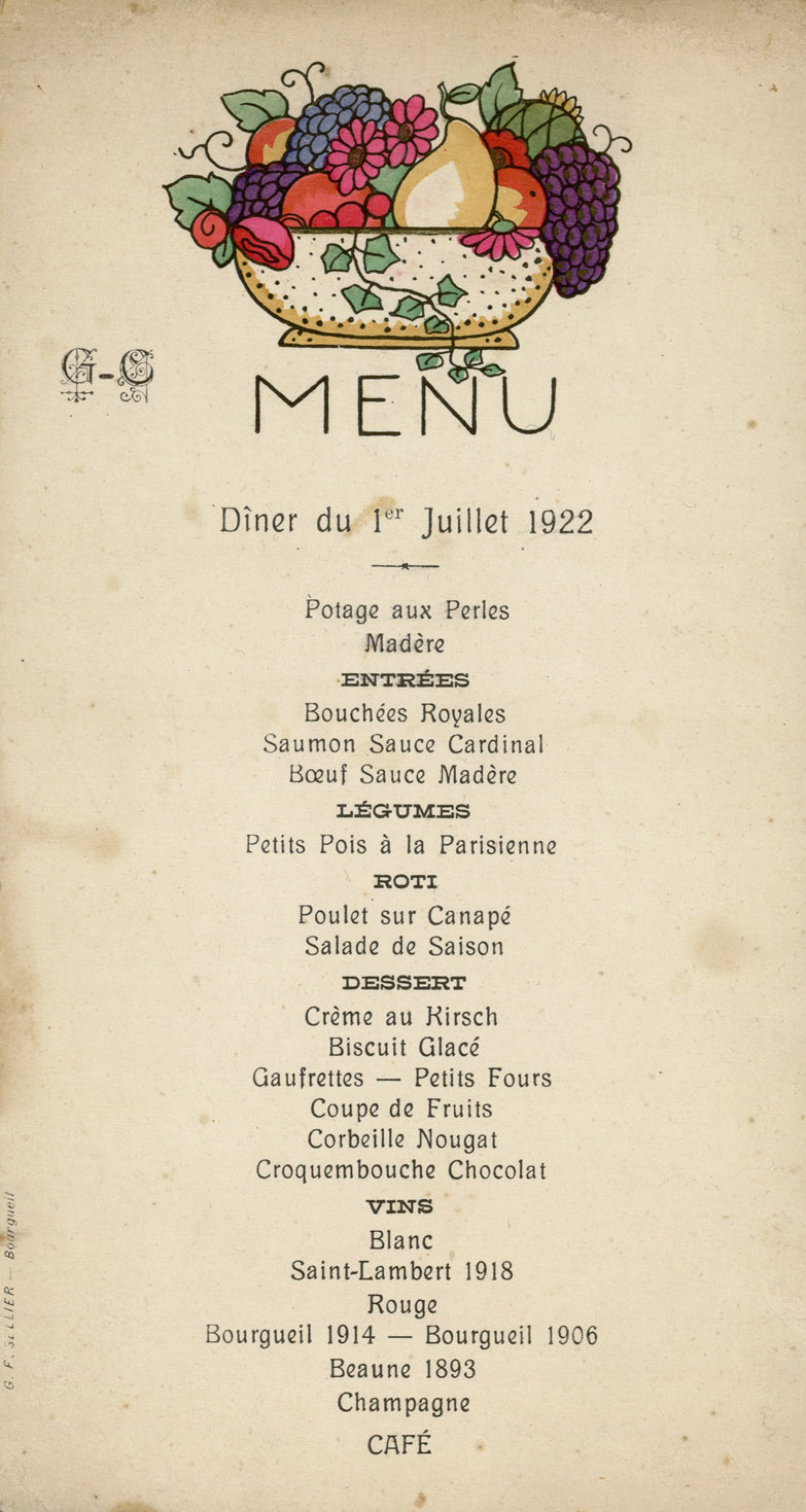 1922年法國安德爾－羅亞爾省的一戶人家婚宴菜單。餐後甜點的部分共有六道，包括糖霜餅乾（Biscuit Glacé）、格子薄脆餅與常溫小點心（Gaufrettes-Petits Fours）、綜合水果杯（Coupe de Fruits）與巧克力口味的法國傳統婚禮甜點泡芙塔（Croquembouche Chocolat）等。（圖片來源：Bibliothèque municipale de Dijon）