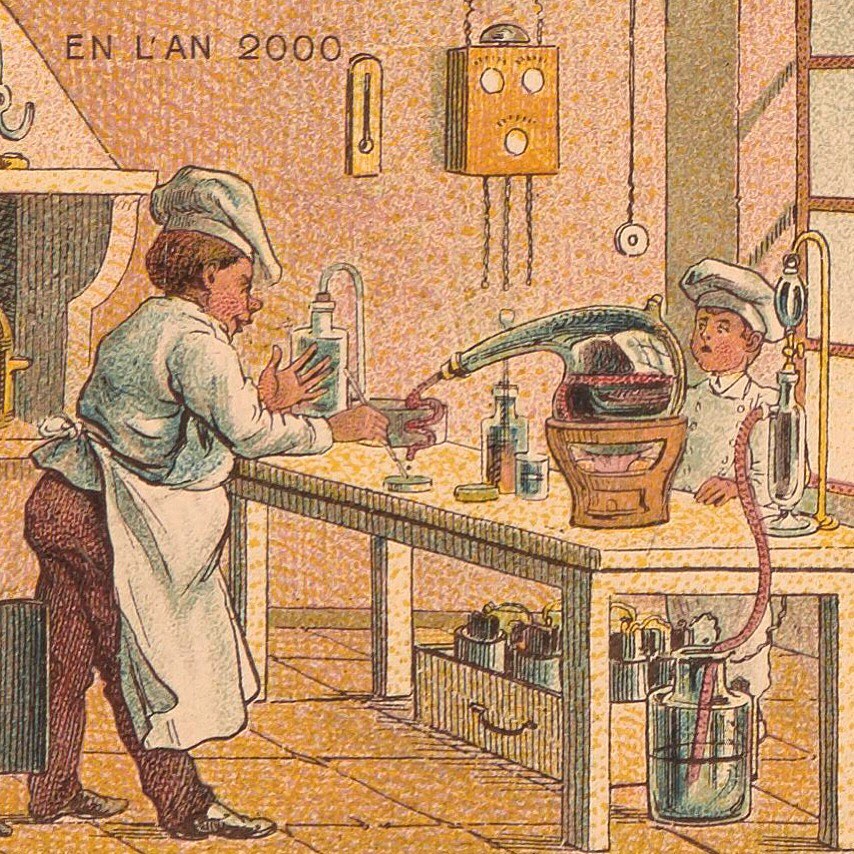 Gallica在Instagram上，分享插畫家Jean-Marc Côté在19世紀末、20世紀初時想像的「2000年未來廚房」。（圖片來源：Instagram @gallicabnf）