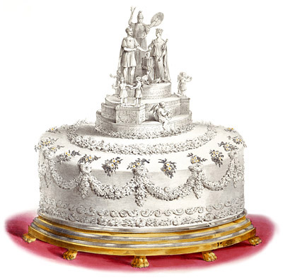 1840年維多莉亞女王與亞伯特親王的皇室婚禮蛋糕。下方是大型圓蛋糕、上方則是糖膏做成的人像與裝飾，由擬人化的「大不列顛」為新人送上祝福。2018年時，英國曾有甜點師為了BBC的紀錄片〈Victoria