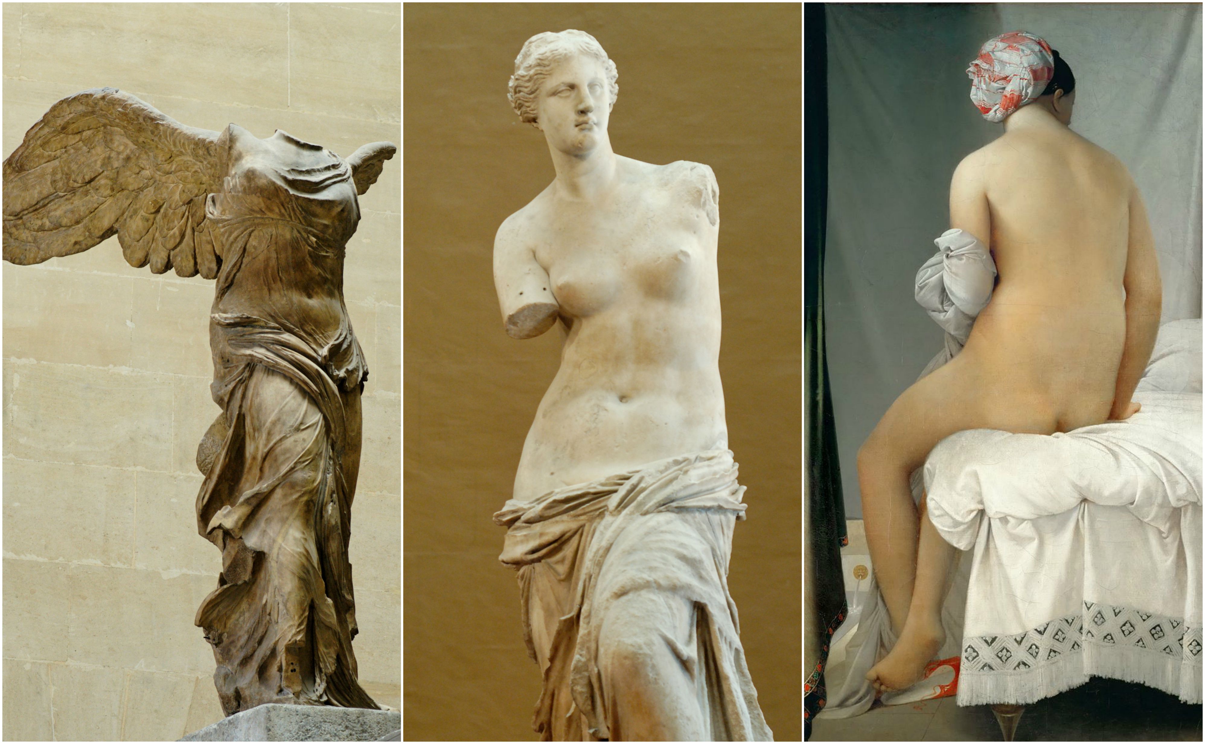 （由左至右）勝利女神（Winged Victory of Samothrace）、米羅的維納斯（Venus de Milo）、浴女（The Bather）
