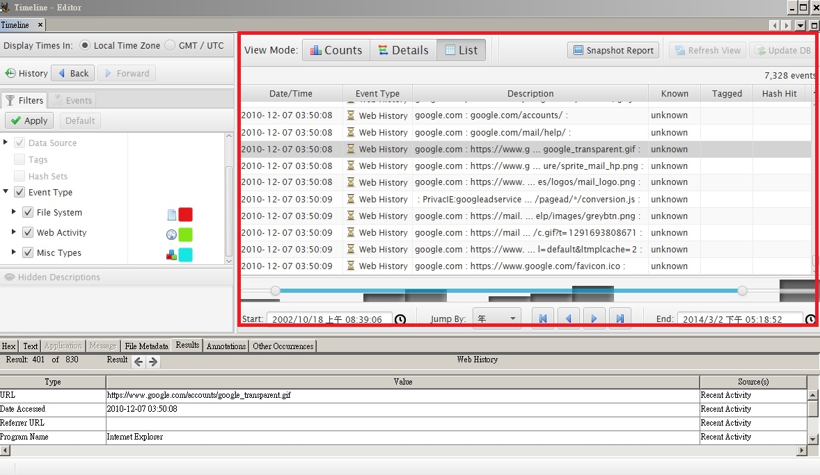 圖片說明：使用Autopsy軟體之列表模式， 可依照時間序列檢索事件內容如紅框處，圖為上網紀錄。