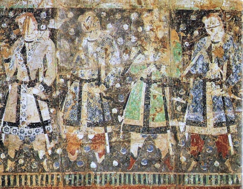 圖5：新疆克孜爾千佛洞的「十六帶劍者窟」壁畫，約於西元五至六世紀完成，描繪了赤髮碧眼白皮膚的帶劍者，據考證為使用吐火羅語的高加索人。圖片來源：Wikimedia Commons
