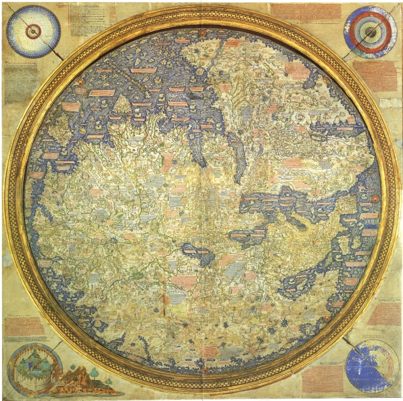 圖1：威尼斯地圖學家毛羅繪製於西元十六世紀的《毛羅地圖》［Fra Mauro map］，其方位上南下北，清楚描繪了歐亞大陸的輪廓及整體性，為近代世界史上最重要的地圖之一。在該圖中，中央的「內亞」地區位