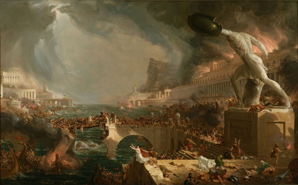 圖2：美國畫家湯瑪斯‧柯爾（Thomas Cole）所繪《帝國的毀滅》。本圖表現了腐朽的羅馬帝國被蠻族入侵的毀滅時刻，體現了「文明季候論」的歷史思想，也是劉仲敬著作的核心觀點。圖片來源：Wikimed