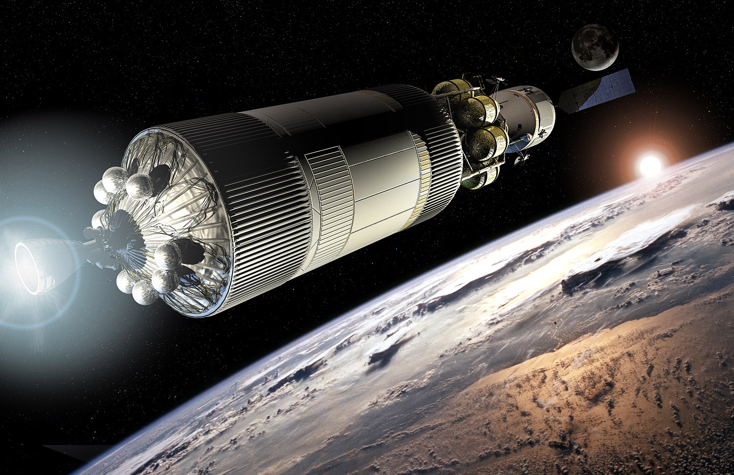 概念圖：整個星座計劃太空飛行器在地球軌道對接完成後點火離開地球。（圖片來源/wiki）
