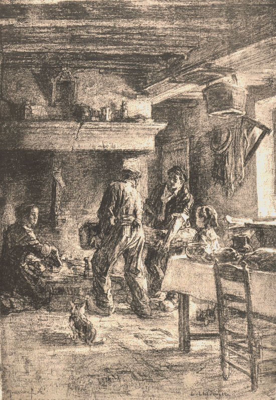 19世紀插畫家Léon Lhermitte描繪在聖誕節選擇一段強壯木柴燃燒祈福的傳統。（圖片來源：La France Pittoresque）