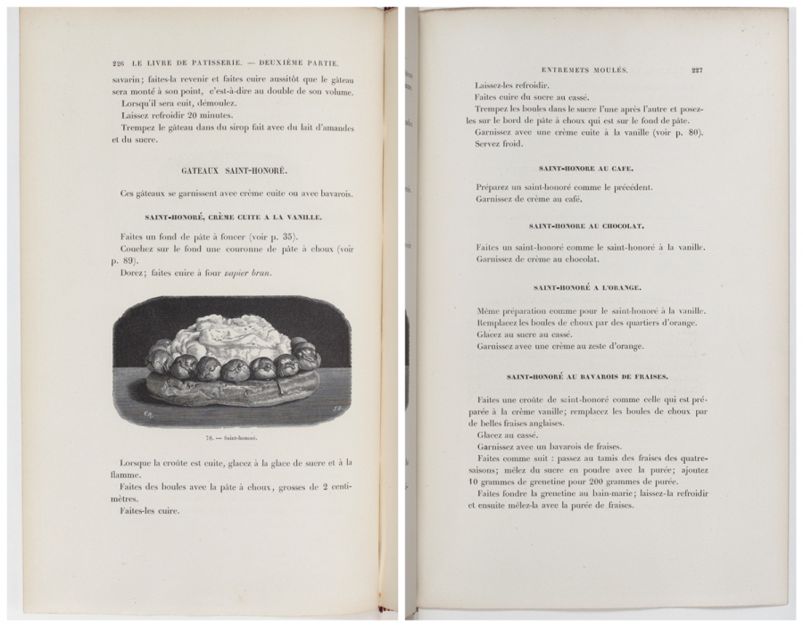 Jules Gouffé在《甜點之書》中詳細說明聖多諾黑的製作方法，並提供了數種不同口味變化。經典版的外型與現代版本已非常類似。（圖片來源：Gallica|BnF）