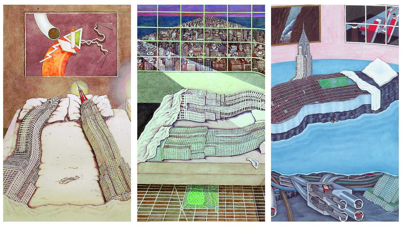 以上三張圖圖說：芙森朵的《建築物的秘密生活》系列裡最著名的三聯畫，有別於全球多數流通版本，改以跨頁大圖方式呈現。